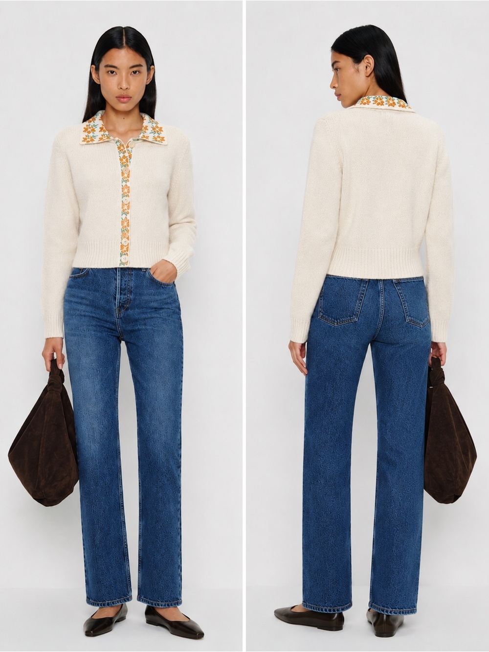 Zara Cream Cropped Cardigan with Yellow Floral Trim